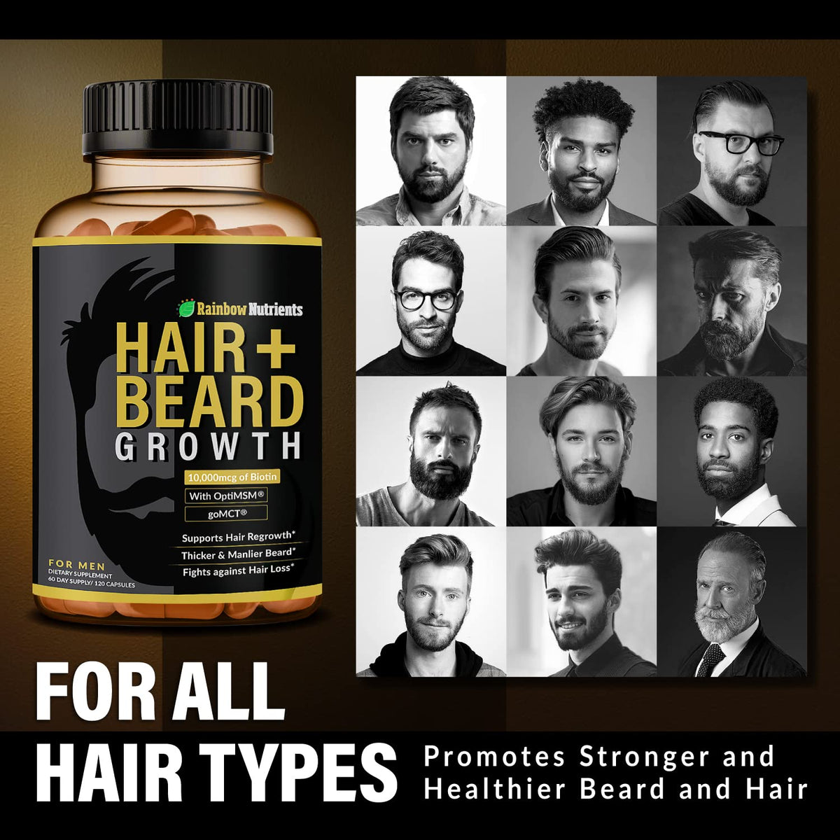 Before and after beard illustration demonstrating Rainbow Nutrients fuller beard
