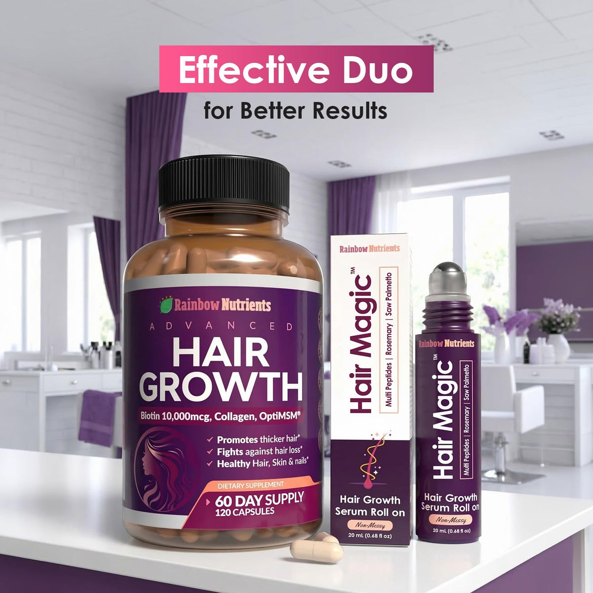 Rainbow Nutrients Hair Magic bottle on bathroom shelf for daily grooming routine