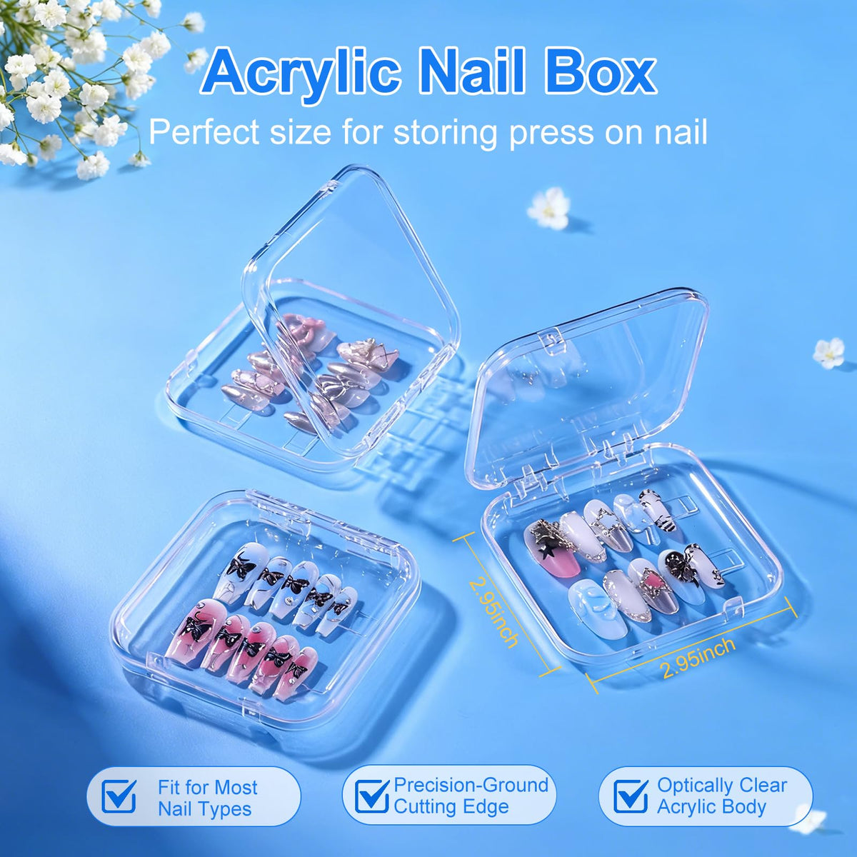 Raisetip box with press-on nails inside protecting and presenting designs