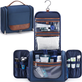 Ralnitote front view of navy toiletry bag showing capacity and pockets for neat packing