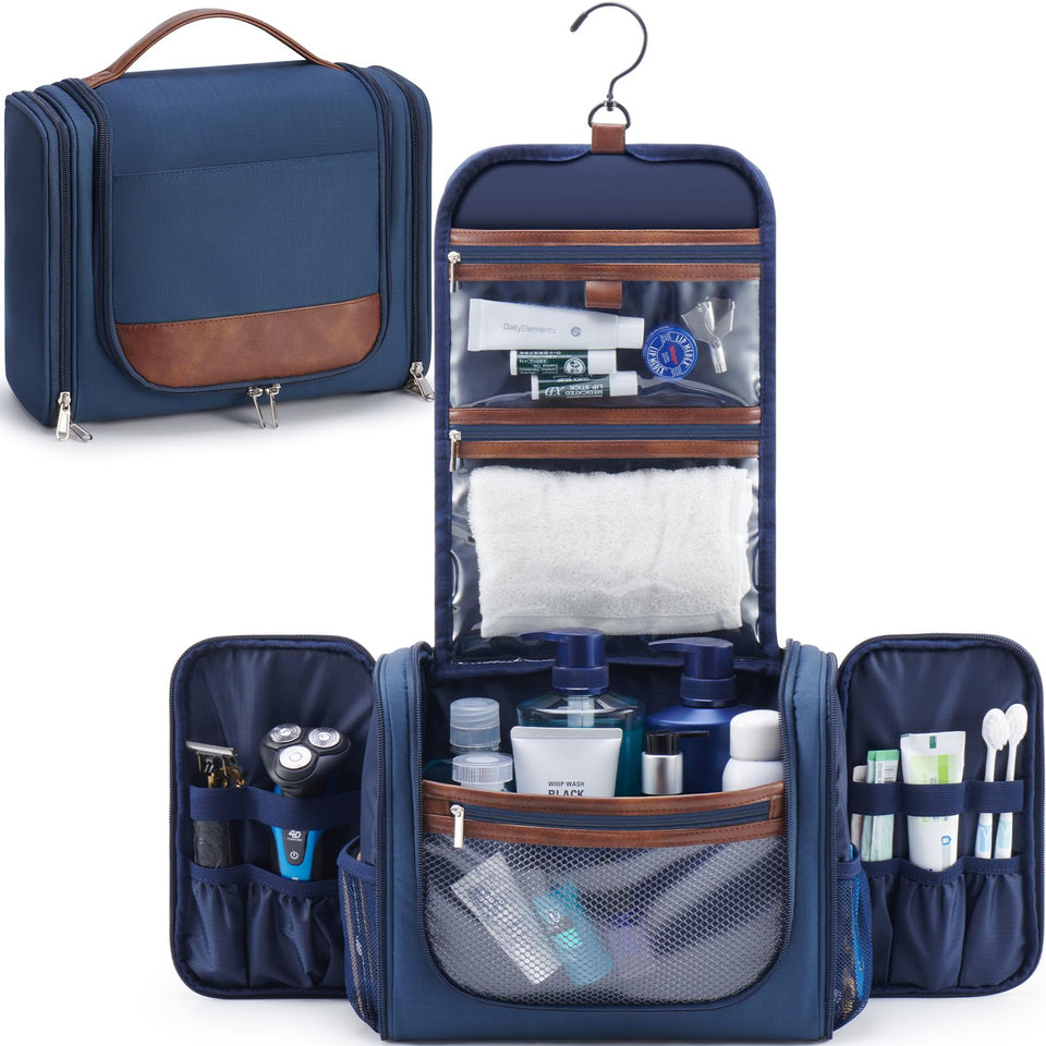 Ralnitote front view of navy toiletry bag showing capacity and pockets for neat packing