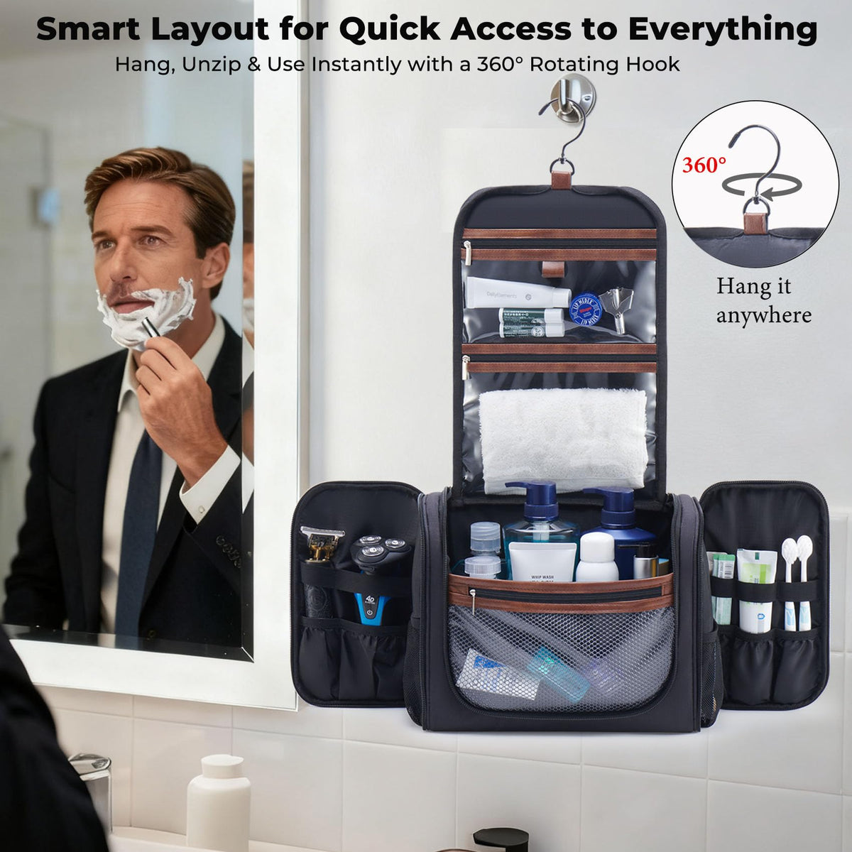 Ralnitote top-flip main compartment holding full-size bottles and trimmer neatly