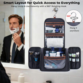 Ralnitote top-flip main compartment holding full-size bottles and trimmer neatly
