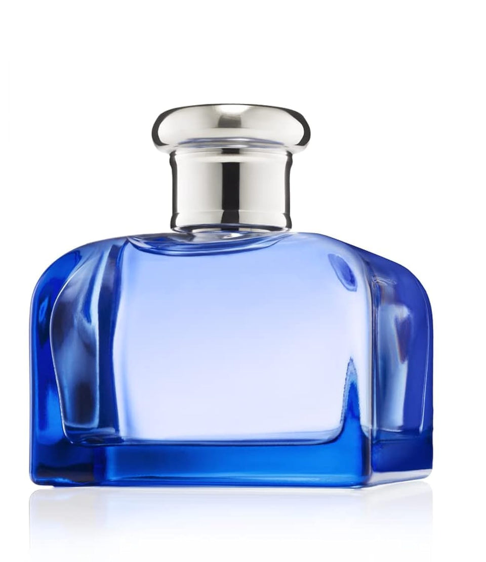 Ralph Lauren bottle front view showing blue glass and elegant branding, suggesting freshness