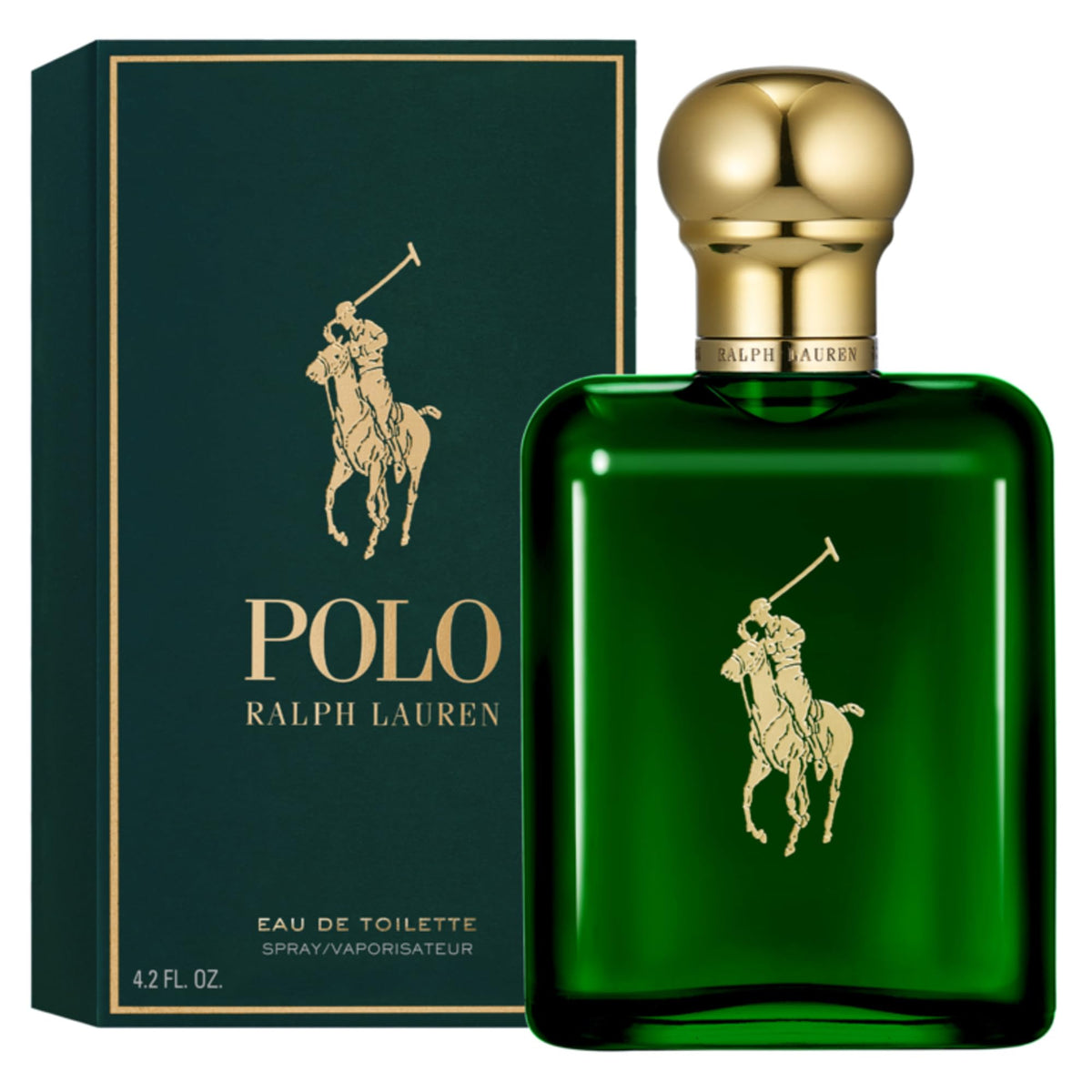 Ralph Lauren Polo front bottle displaying green glass and label for classic presence