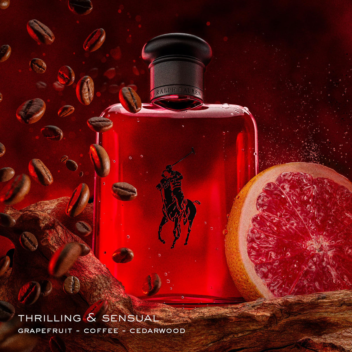 RALPH LAUREN FRAGRANCES Polo Red angled profile highlighting curved bottle and matte black accents