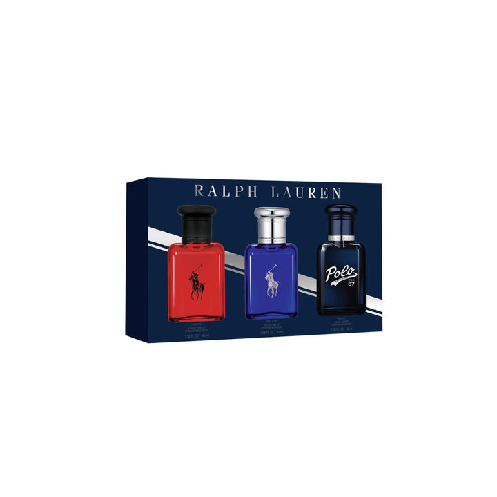 Ralph Lauren Polo trio front packaging showing three travel bottles and gift-ready presentation