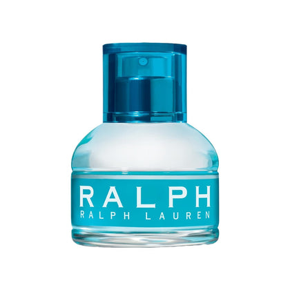 Ralph Lauren fragrance bottle front view showing clear glass and blue cap, highlighting joyful design