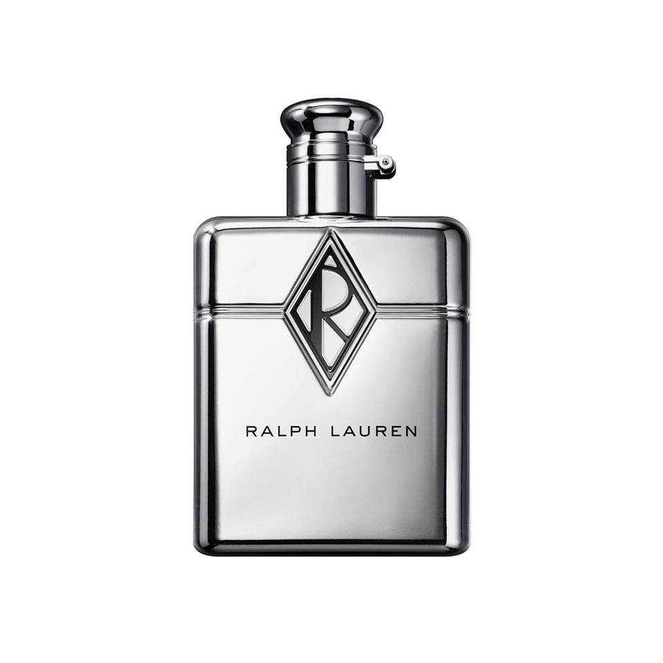 Ralph Lauren bottle front view showing chrome finish and monogram benefits polished presentation