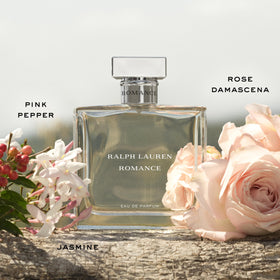 Ralph Lauren Romance closeup of glass bottle highlighting luxurious texture and finish