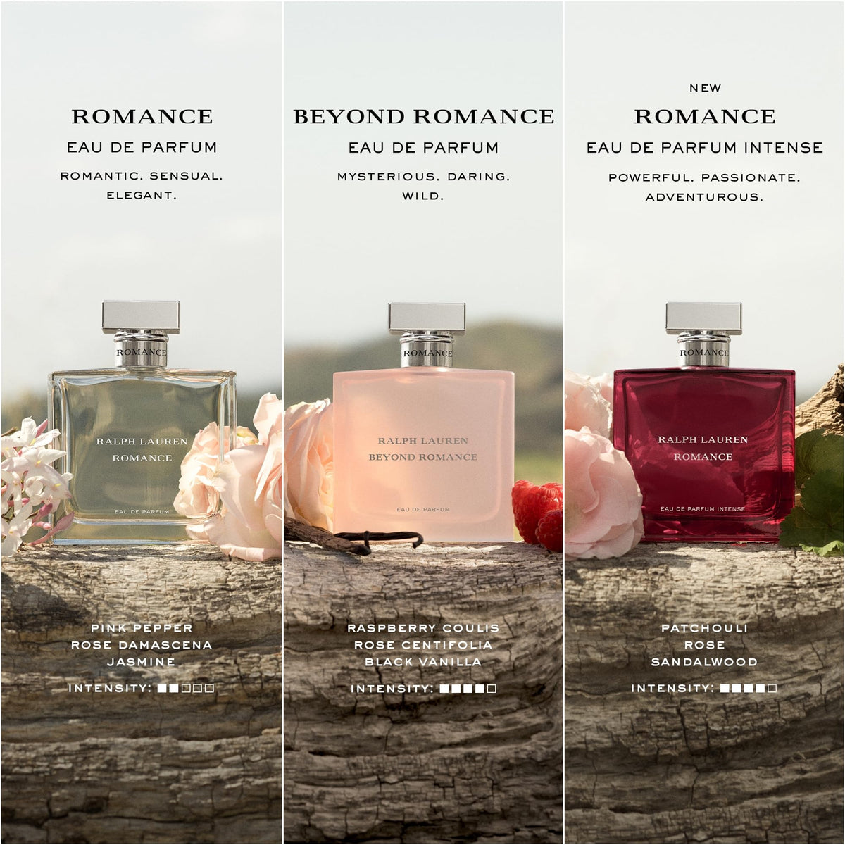 Ralph Lauren Romance fragrance droplets and notes evoking rose jasmine and peppercorn balance
