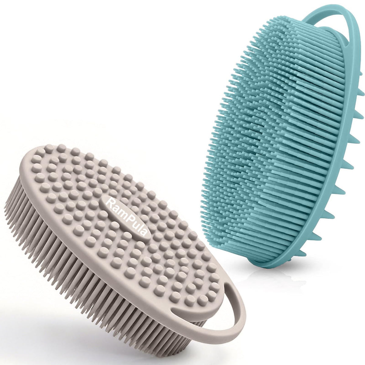 RamPula front view of two scrubbers showing shape and colors for versatile bathing