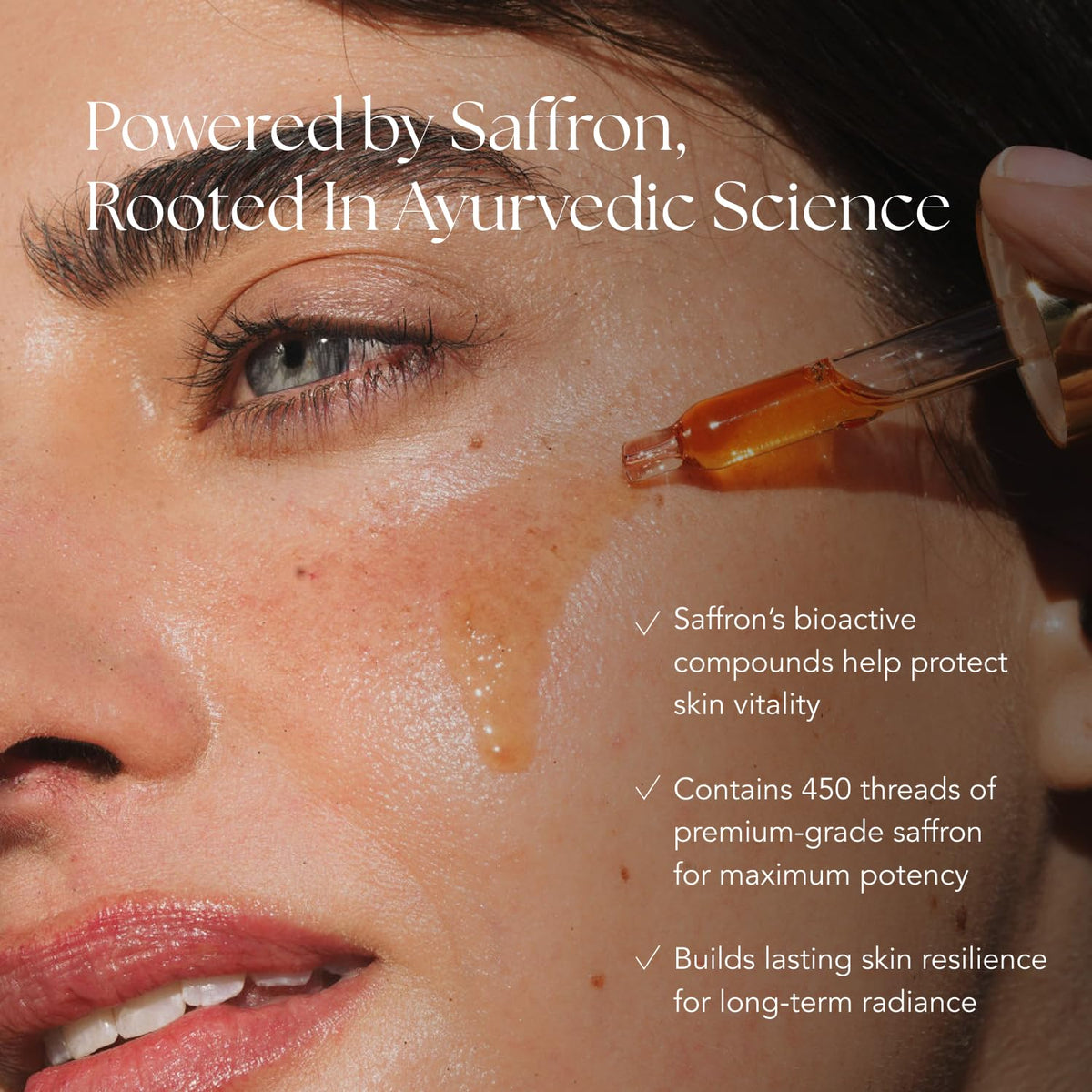 RANAVAT BOTANICS dropper dispensing saffron serum highlighting precise application benefit