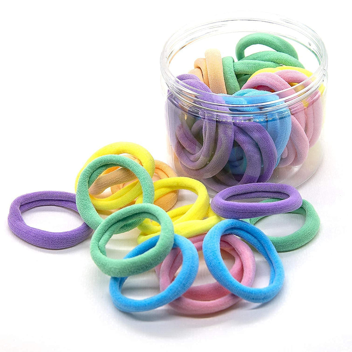 Random Mood front packaging showing 48 pastel hair ties and neat storage
