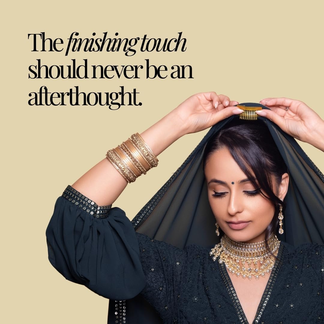 Rani Pins securing a dupatta to hair to show quick application and discreet, strong fastening