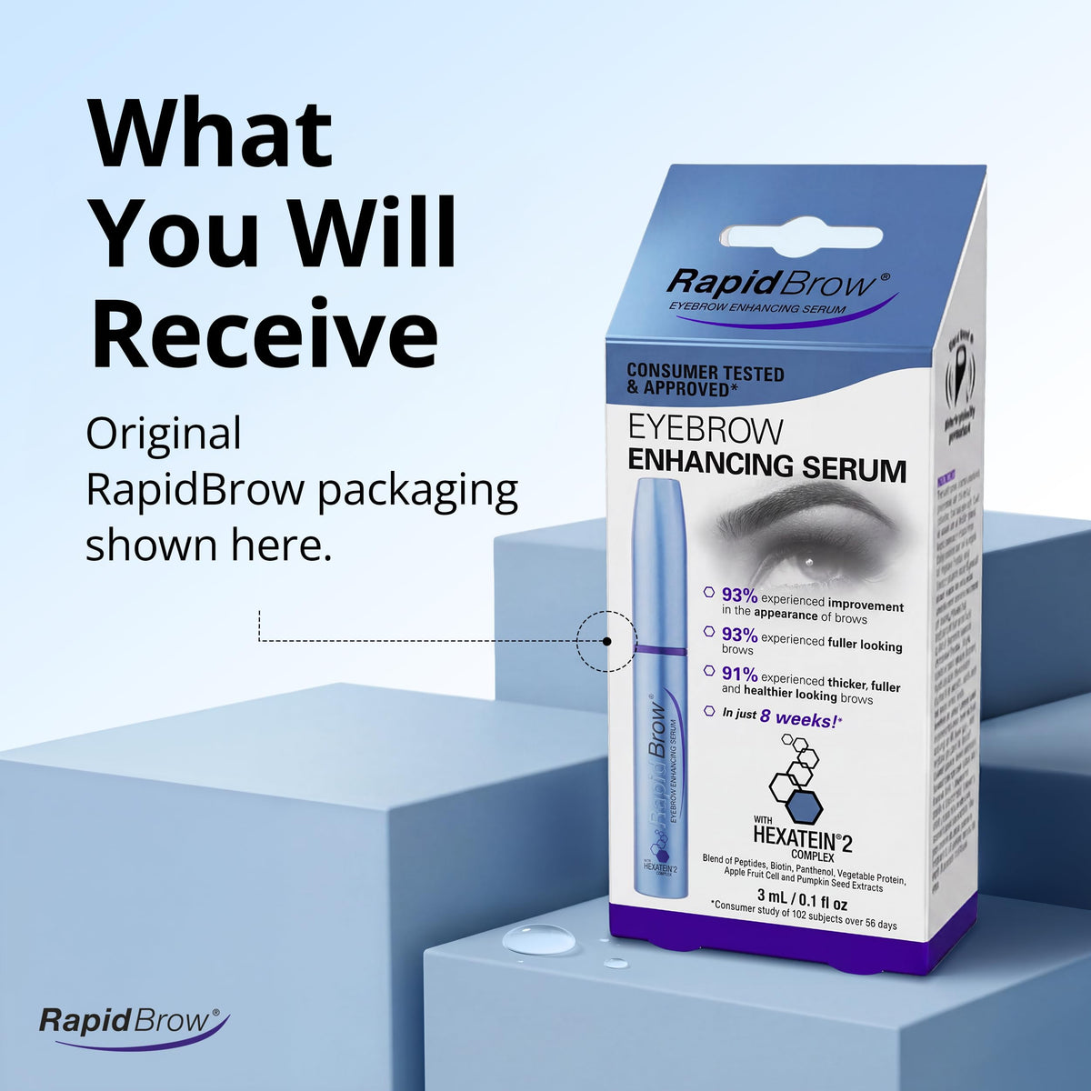 RapidBrow applied to eyebrow close-up showing smoother, shinier hairs