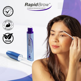 RapidBrow bottle inside makeup bag suggesting easy daily routine integration