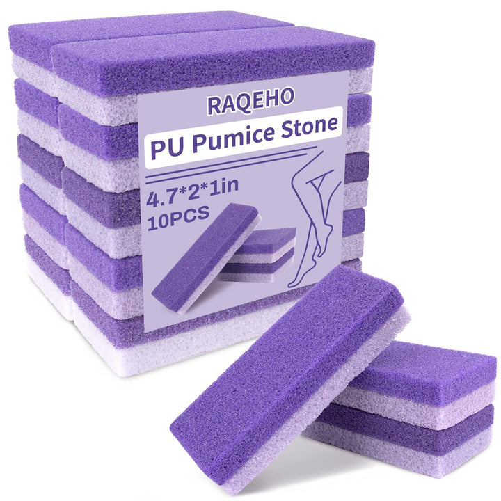 RAQEHO front packaging showing ten purple pumice stones and benefits