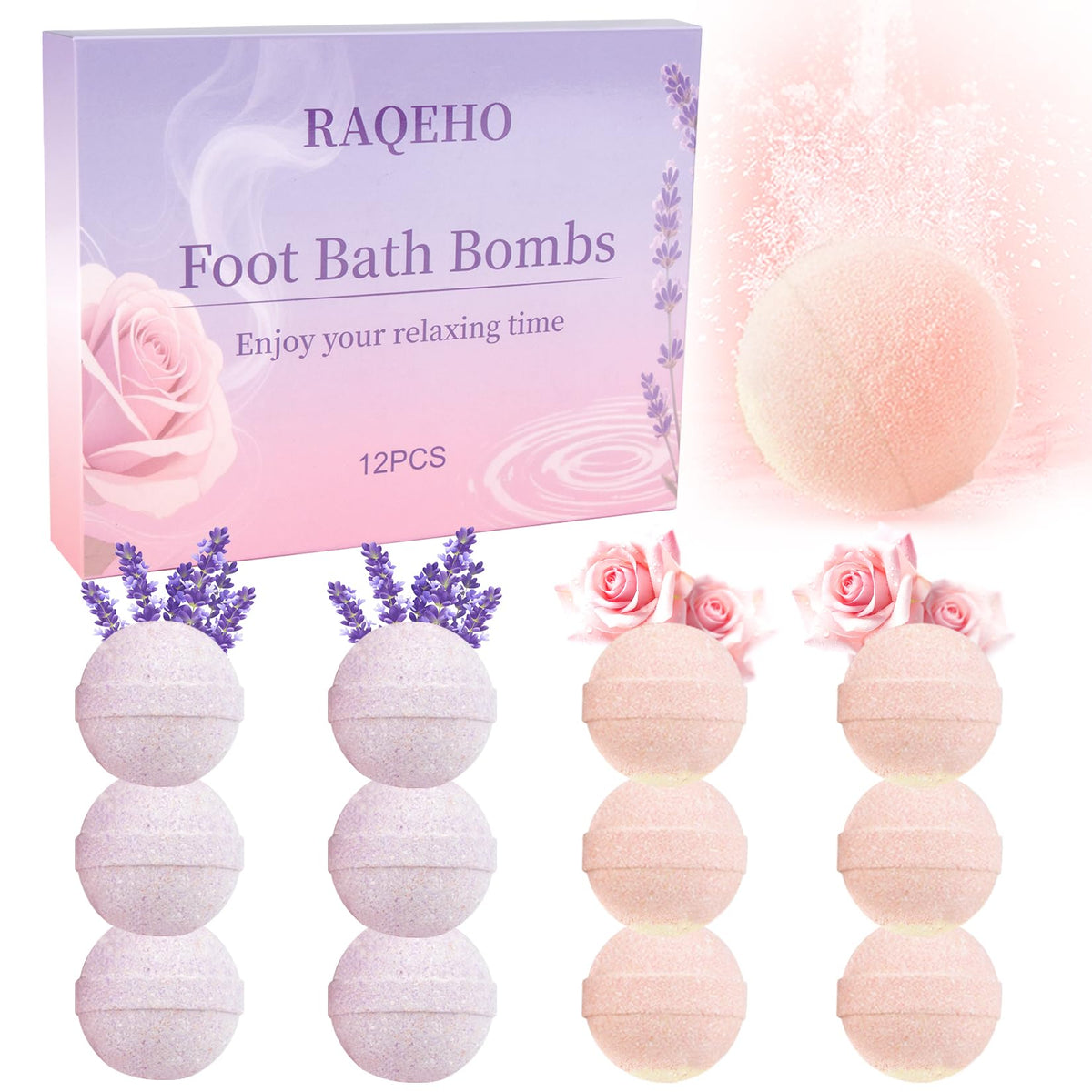 RAQEHO front packaging showing 12 individually wrapped foot bath bombs and benefits