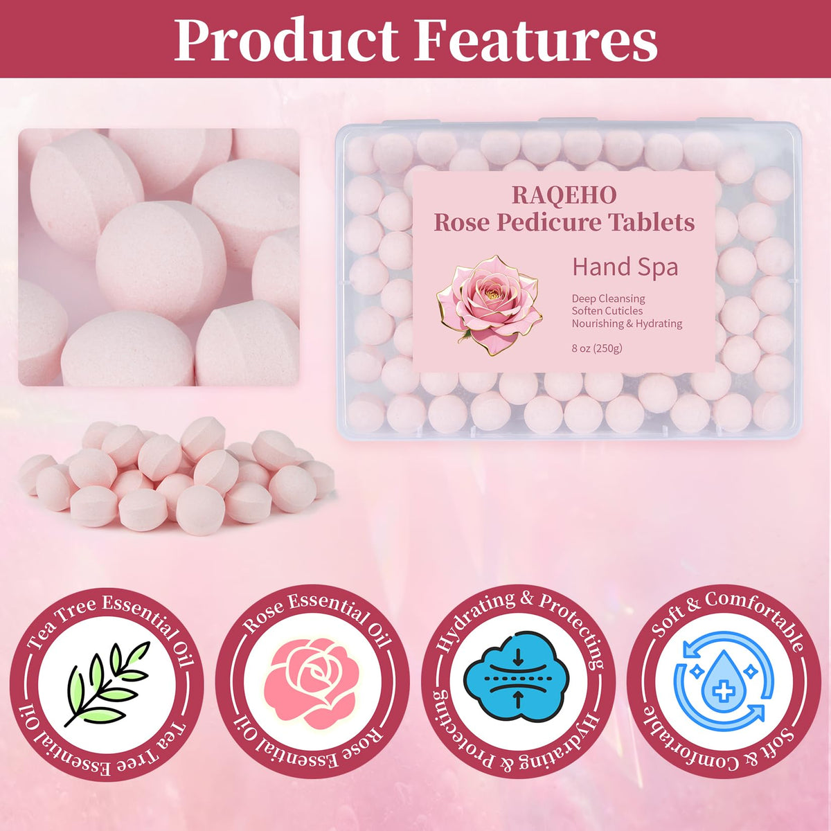 RAQEHO hand soaking in bowl with fizz, soothing moisturize benefit for manicures