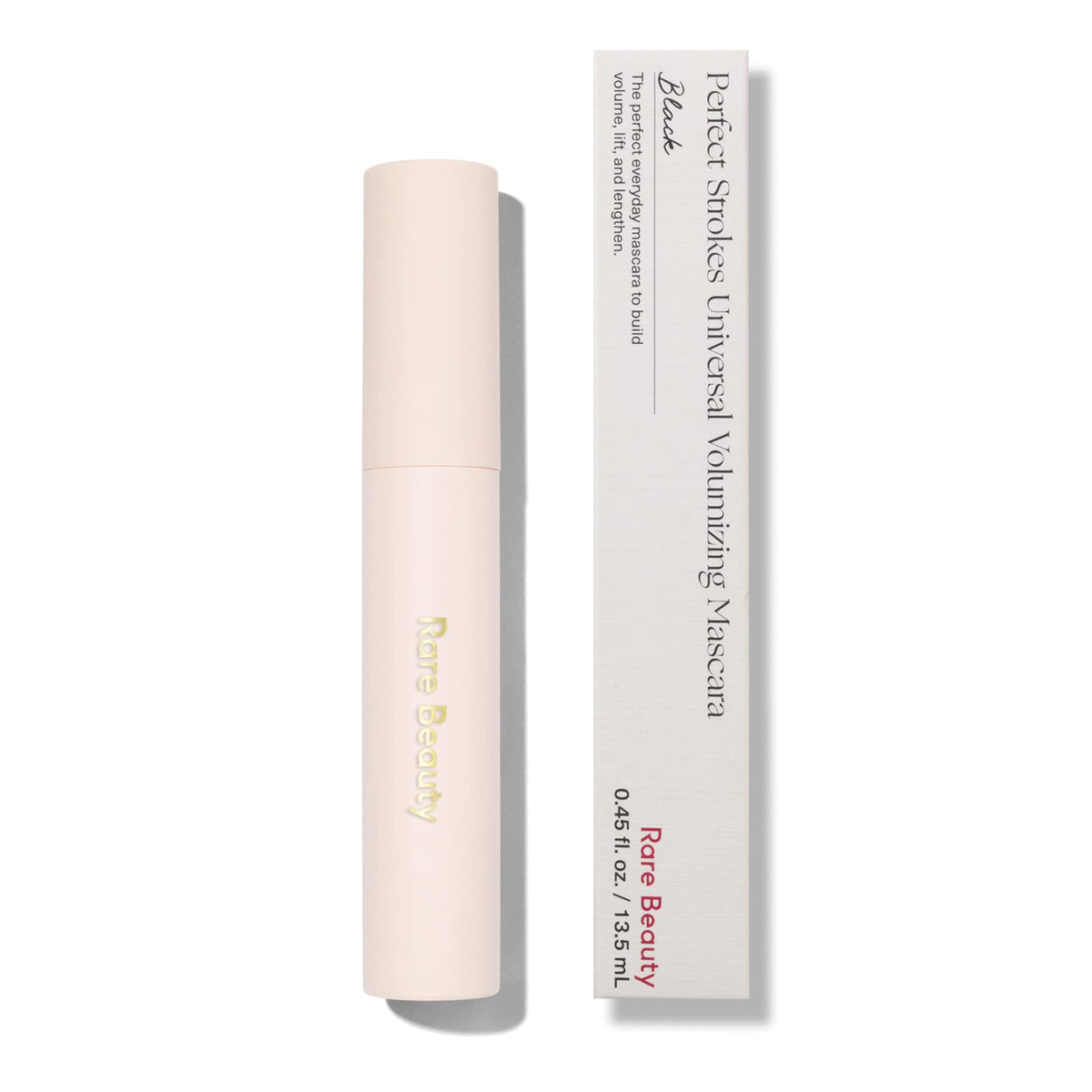 Rare Beauty mascara front packaging showing product and benefit of buildable volume