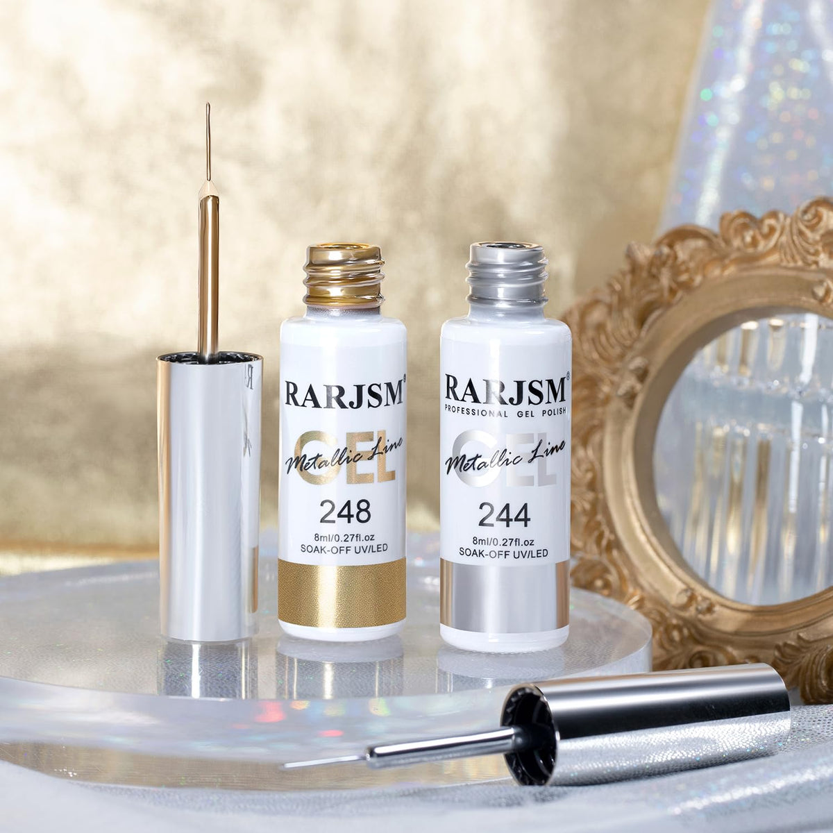 RARJSM bronze gold metallic stroke adding reflective dimension to nail