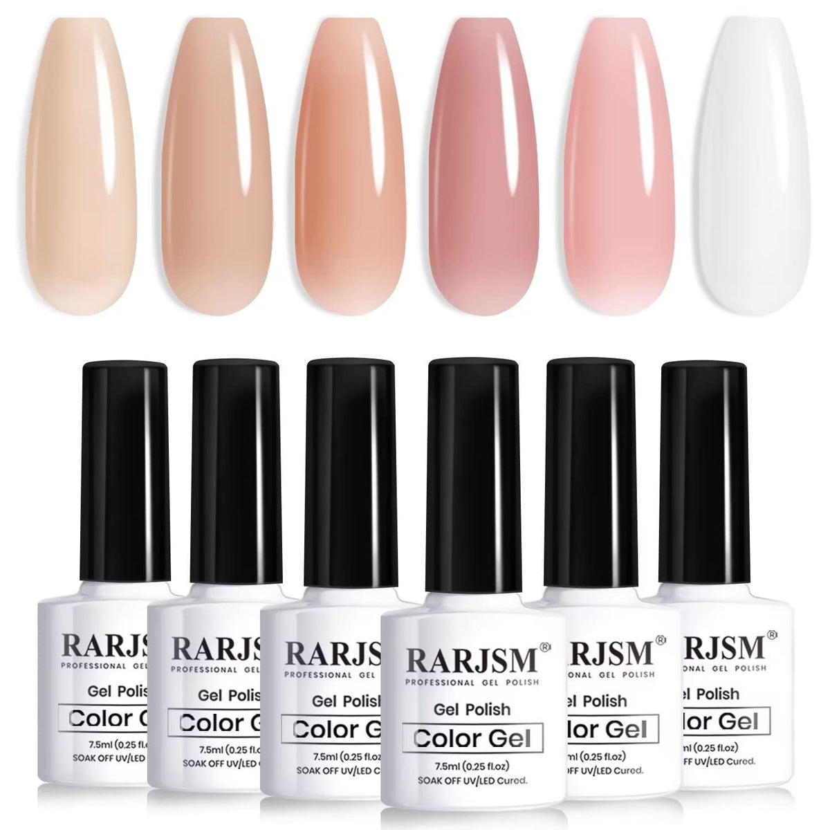 RARJSM front packaging showing six nude gel bottles and neat arrangement, conveys variety