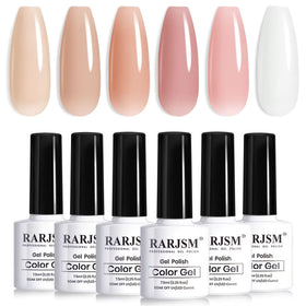 RARJSM front packaging showing six nude gel bottles and neat arrangement, conveys variety