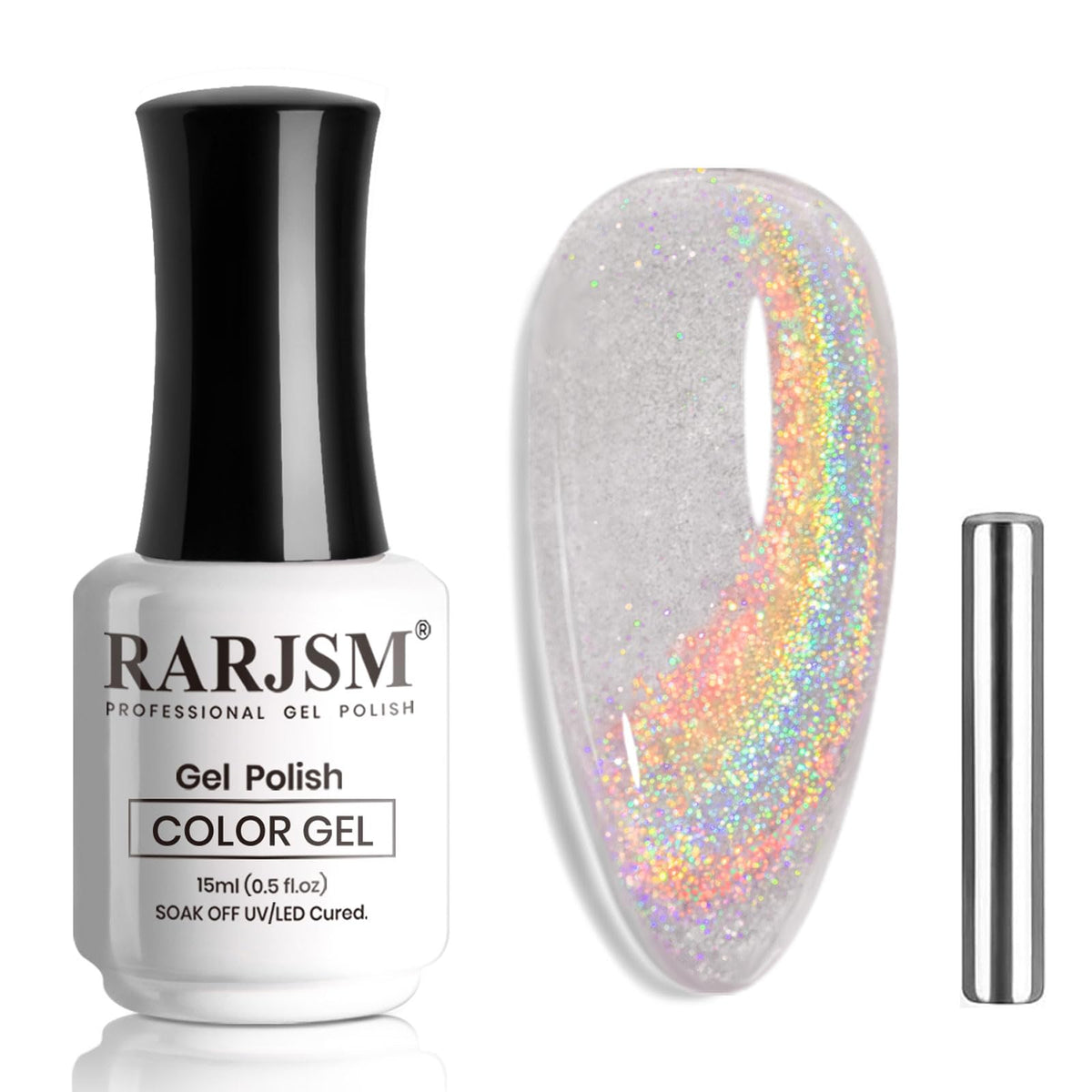 RARJSM bottle front packaging showing holographic cat-eye effect and glitter benefit
