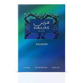 RASASI Hawas Atlantis label close-up showing brand and fragrance details