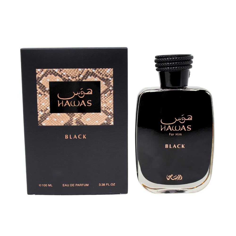 RASASI HAWAS BLACK bottle close-up highlighting glass design and premium finishing