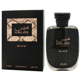 RASASI Hawas Black close-up glass detail emphasizing premium finish