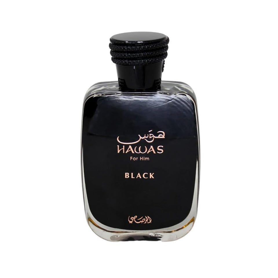 RASASI HAWAS BLACK front packaging showing bottle and brand offering elegant presentation
