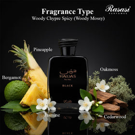 RASASI HAWAS BLACK lifestyle evening outfit scene suggesting confident nighttime wear