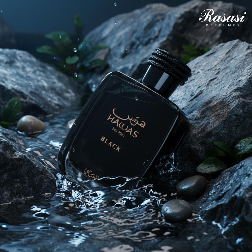 RASASI HAWAS BLACK size comparison in hand indicating bottle scale and portability