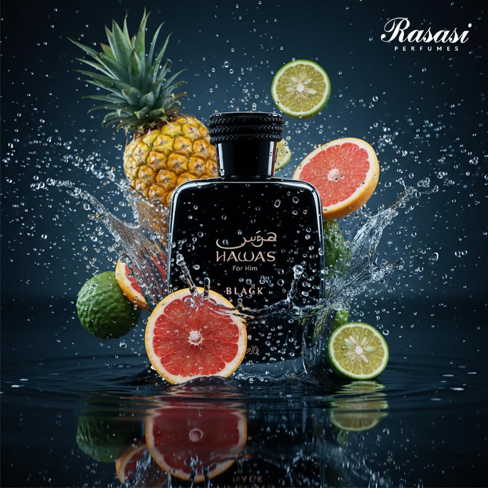 RASASI HAWAS BLACK wood and citrus mood display illustrating scent notes balance