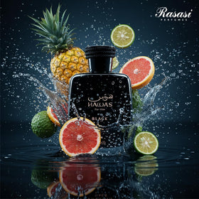 RASASI HAWAS BLACK wood and citrus mood display illustrating scent notes balance