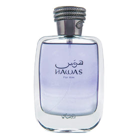 RASASI Hawas bottle front view showing elegant grey glass and lasting appeal