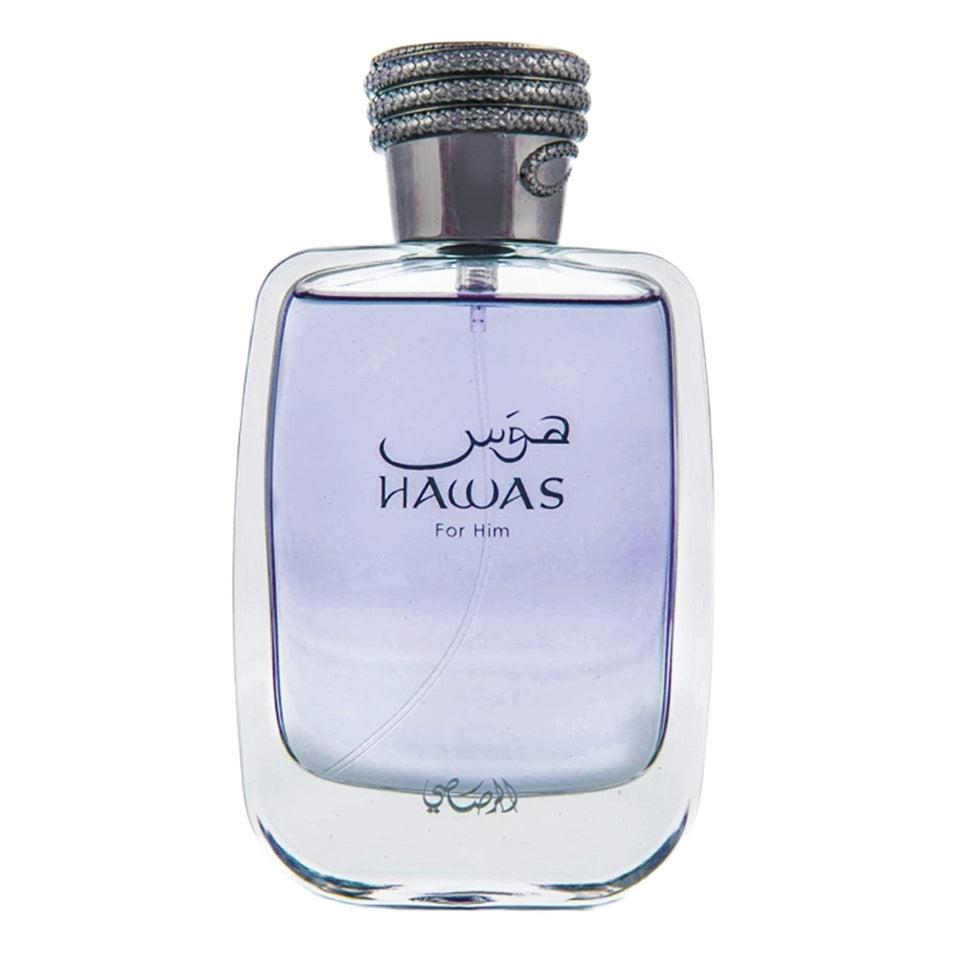 RASASI Hawas bottle front view showing elegant grey glass and lasting appeal