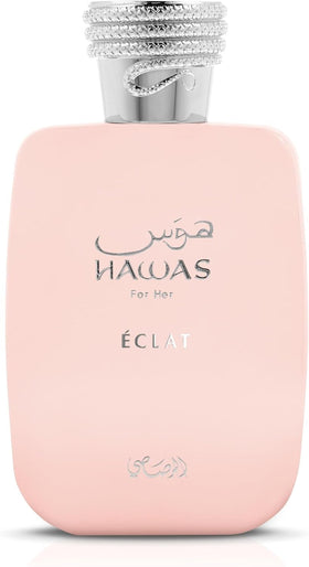 Rasasi Hawas Eclat front bottle view showing elegant rose-gold accents and premium appeal