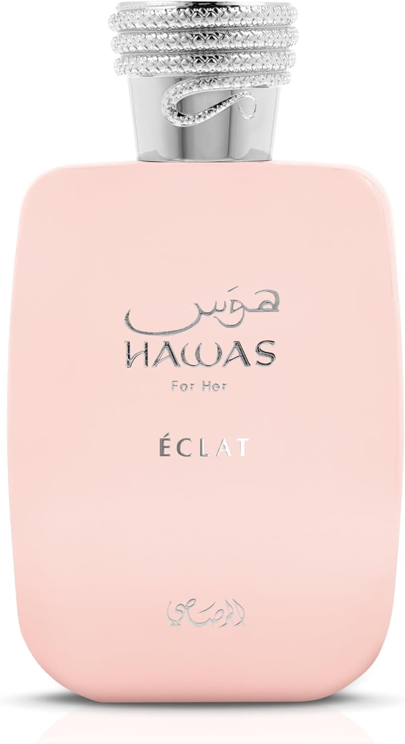 Rasasi Hawas Eclat front bottle view showing elegant rose-gold accents and premium appeal