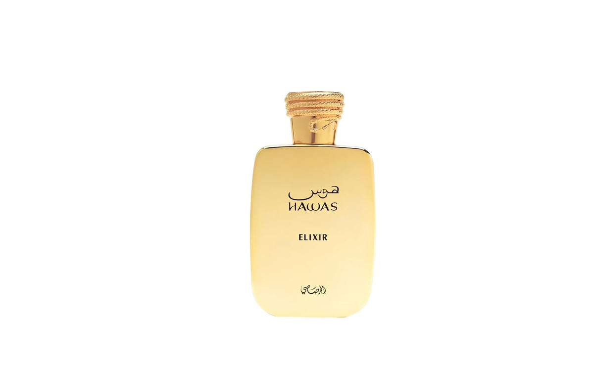Rasasi Hawas Elixir front bottle view showing elegant packaging and volume