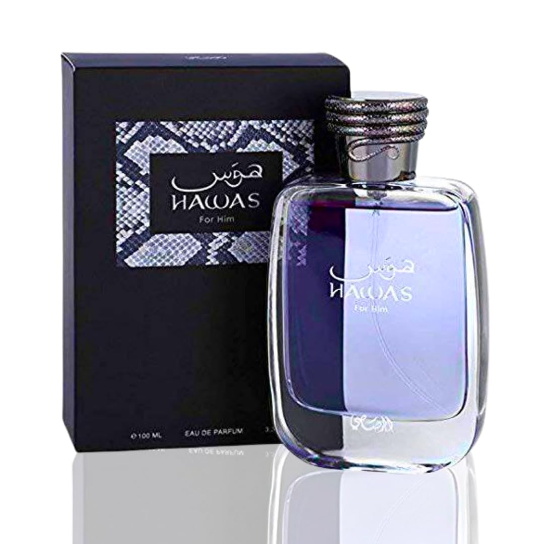 Rasasi Hawas front bottle showing clean grey glass and python stopper, conveys modern elegance
