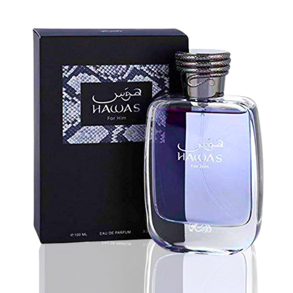 Rasasi Hawas front bottle showing clean grey glass and python stopper, conveys modern elegance