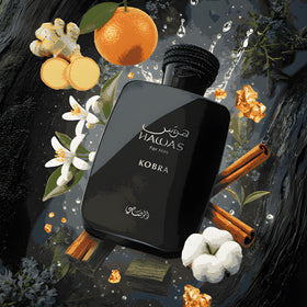 rasasi Hawas Kobra ingredients flatlay with citrus, ginger and amber accents