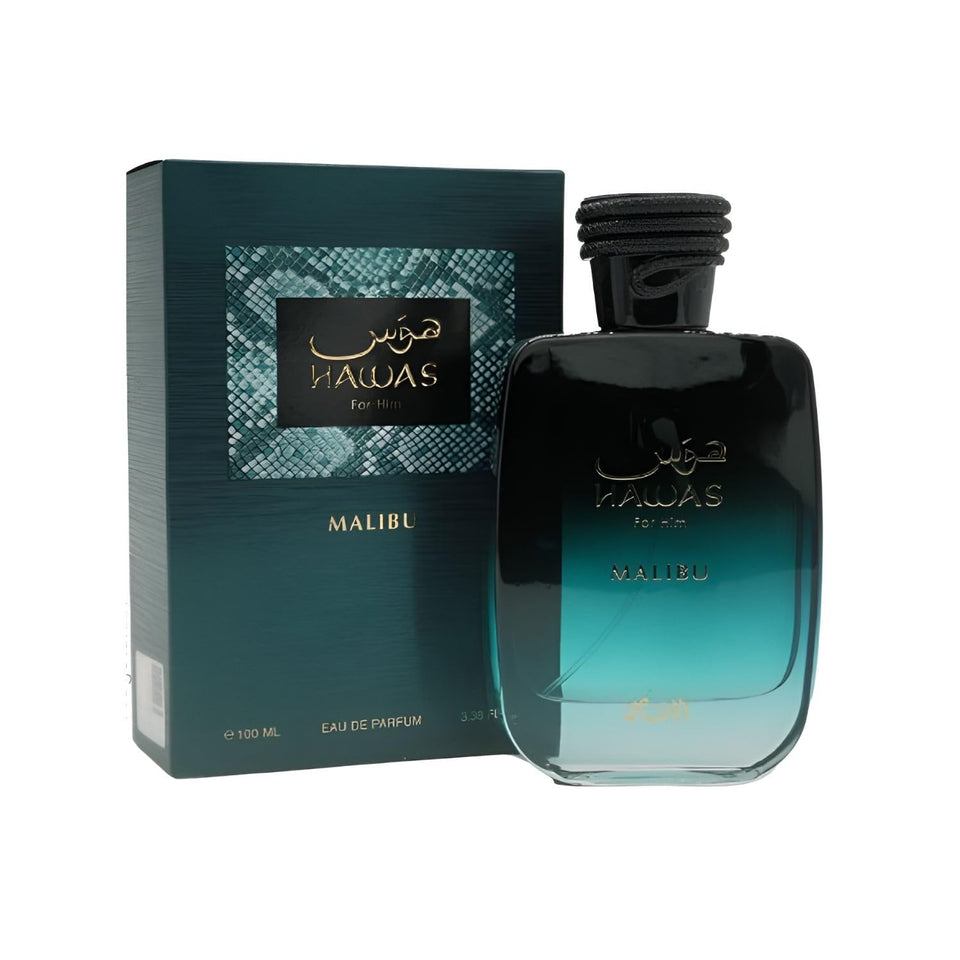 RASASI Hawas Malibu front bottle shot showing label and sleek glass, highlighting brand clarity and gift-ready presentation