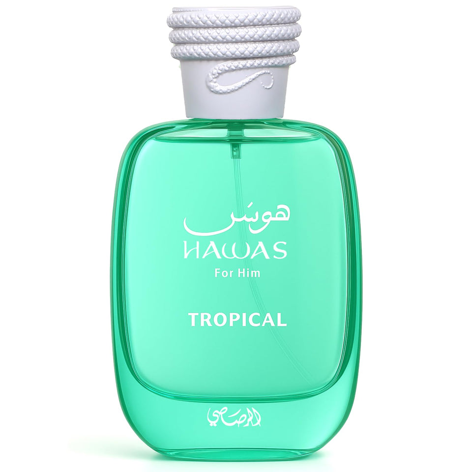 RASASI Hawas Tropical front bottle showing elegant packaging and fresh look