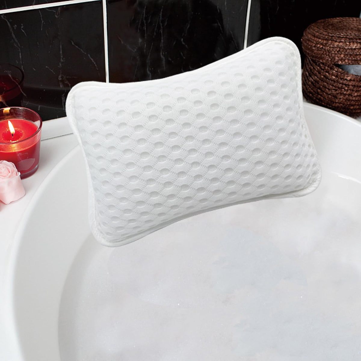 Rasenoo front view of white bath pillow offering comfortable head support
