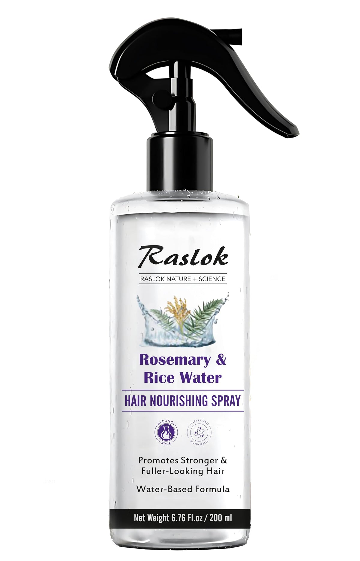 Raslok ingredients label close-up highlighting natural rosemary and rice water extracts