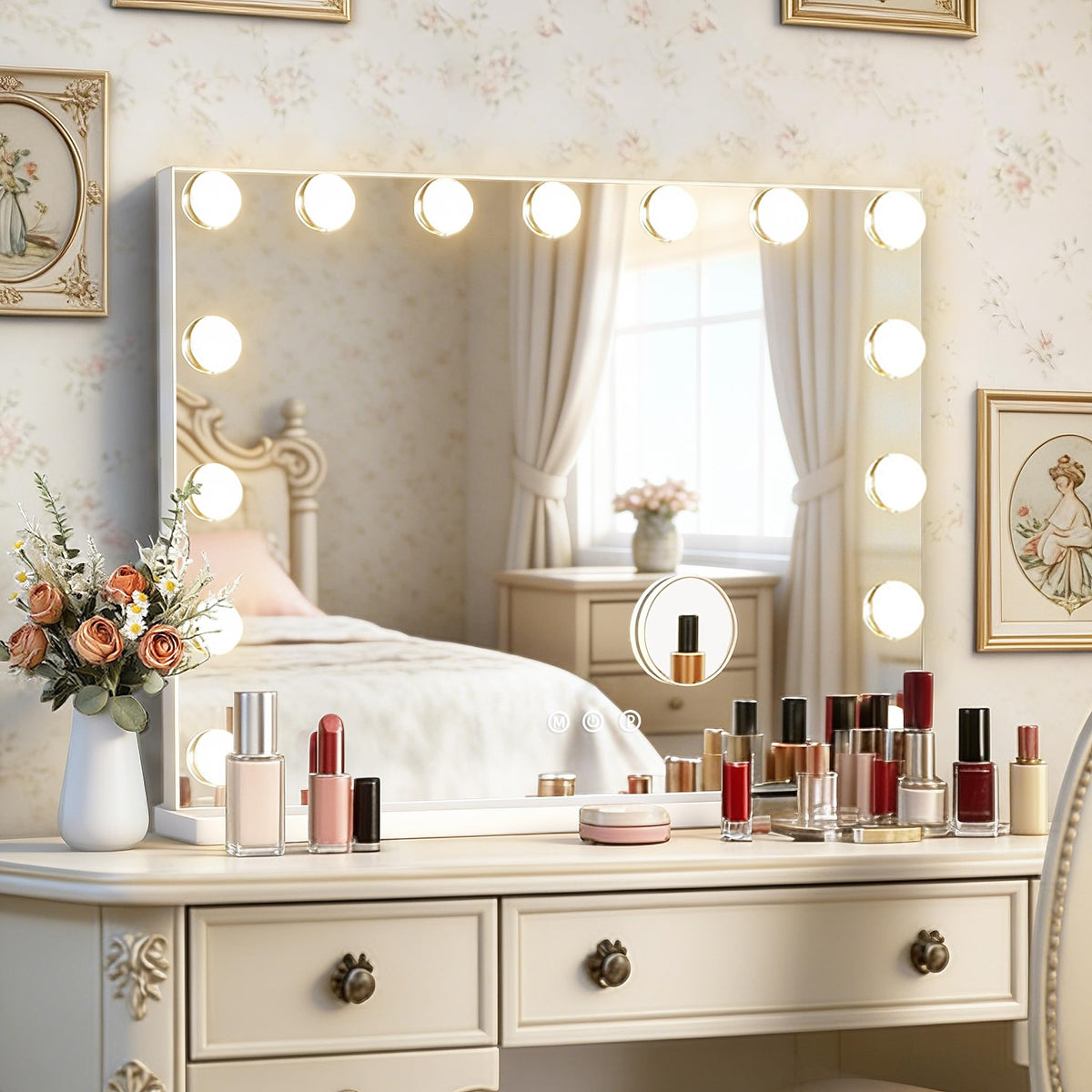 Ratsamee front view of vanity mirror showing full illuminated frame and benefit of even lighting